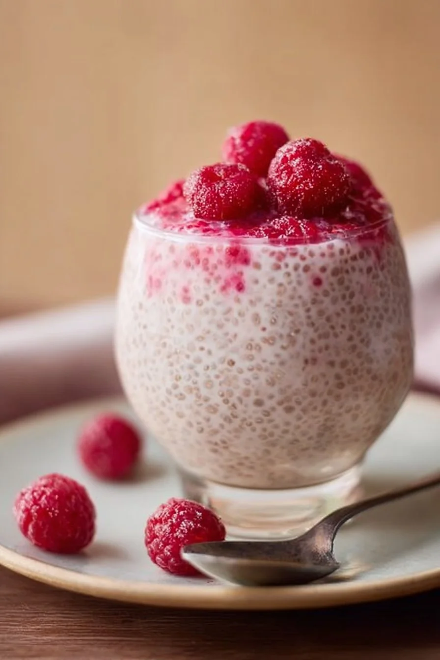 Vanilla Raspberry Chia Pudding in a glass bowl with fresh raspberries