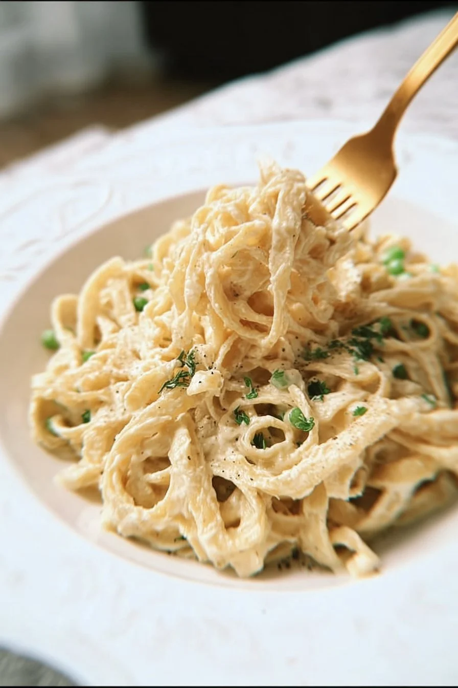 Vegan Cashew Alfredo pasta topped with herbs and spices for a delicious meal