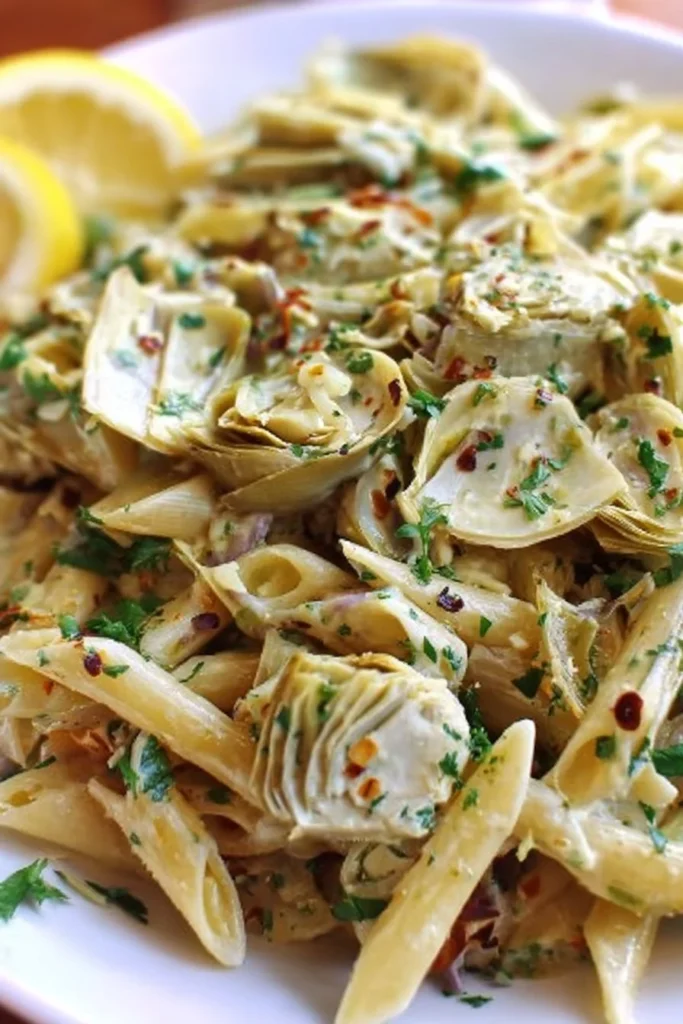 A bowl of Vegan Lemon Artichoke Pasta garnished with fresh herbs and lemon.