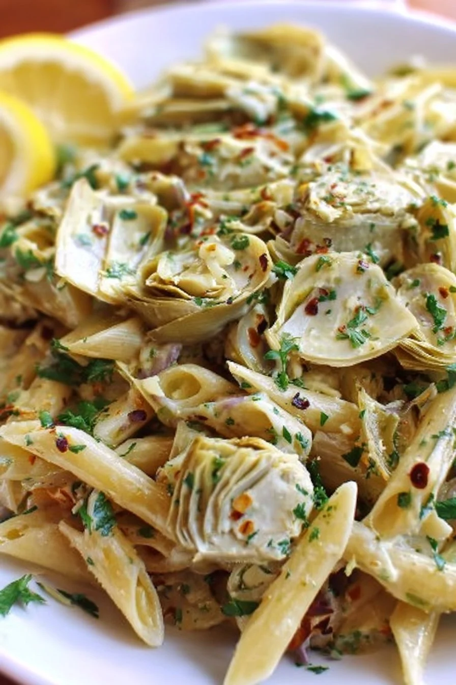 A bowl of Vegan Lemon Artichoke Pasta garnished with fresh herbs and lemon.