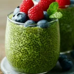Delicious Vegan Matcha Chia Seed Pudding served in a bowl with toppings