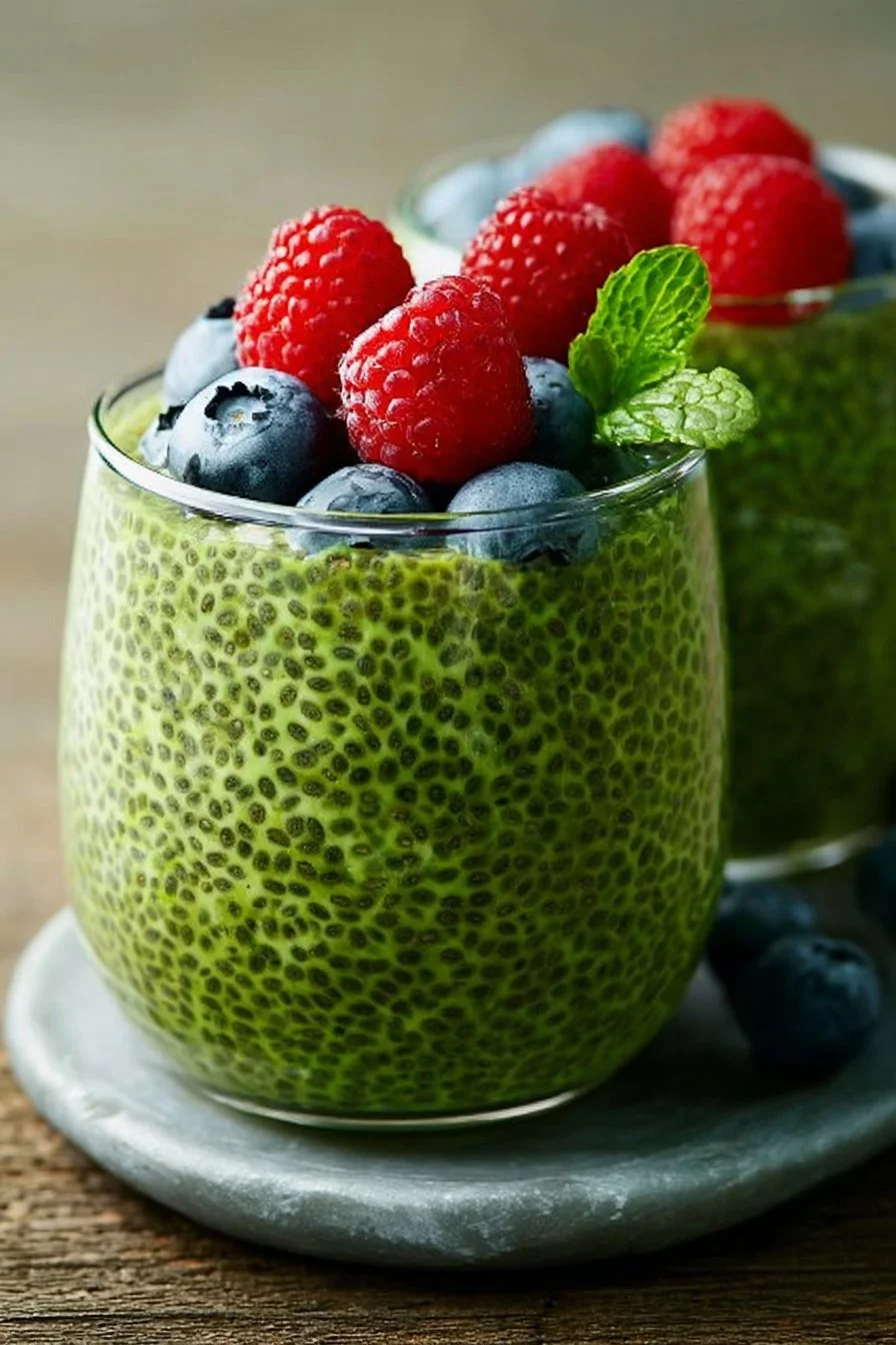 Delicious Vegan Matcha Chia Seed Pudding served in a bowl with toppings