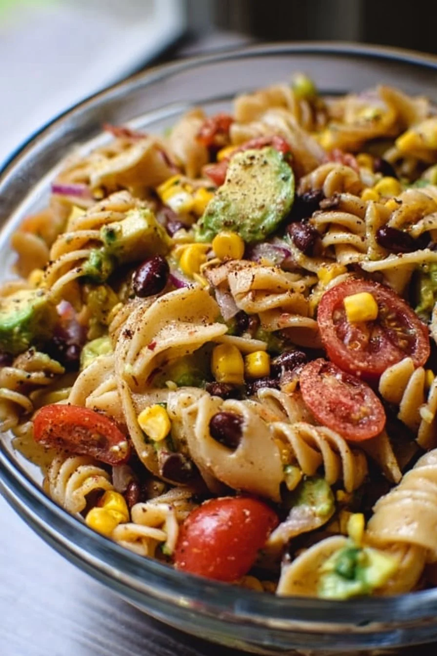 Bowl of vibrant Vegetarian Taco Pasta Salad with fresh vegetables and pasta.