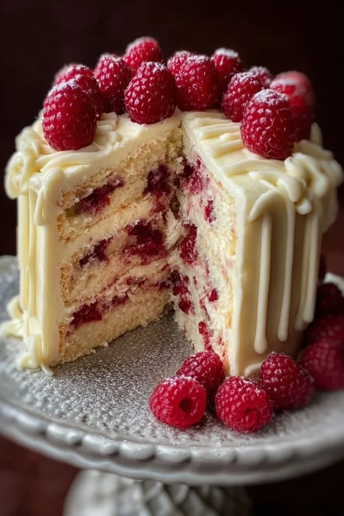 Delicious White Chocolate Raspberry Cake topped with fresh raspberries and white chocolate shavings