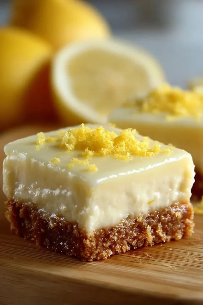 Zesty lemon cream cheese bars on a plate, garnished with lemon slices.